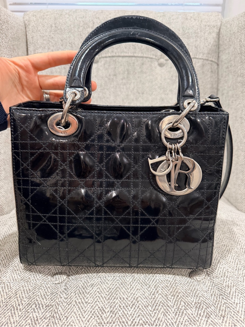 Dior Black Patent Quilted Top-Handle Satchel with Silver Hardware